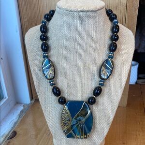 Vtg 70s Teal Black Gold Wood Painted Beaded Necklace